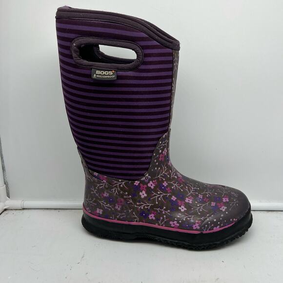 Bogs Classic Flower Boots Youth 3 Purple Waterproof Snow Rain Pull On Snow Kids - Picture 1 of 11